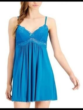 Night Wear Blue Lace-Trim Babydoll Chemise Nightdress
